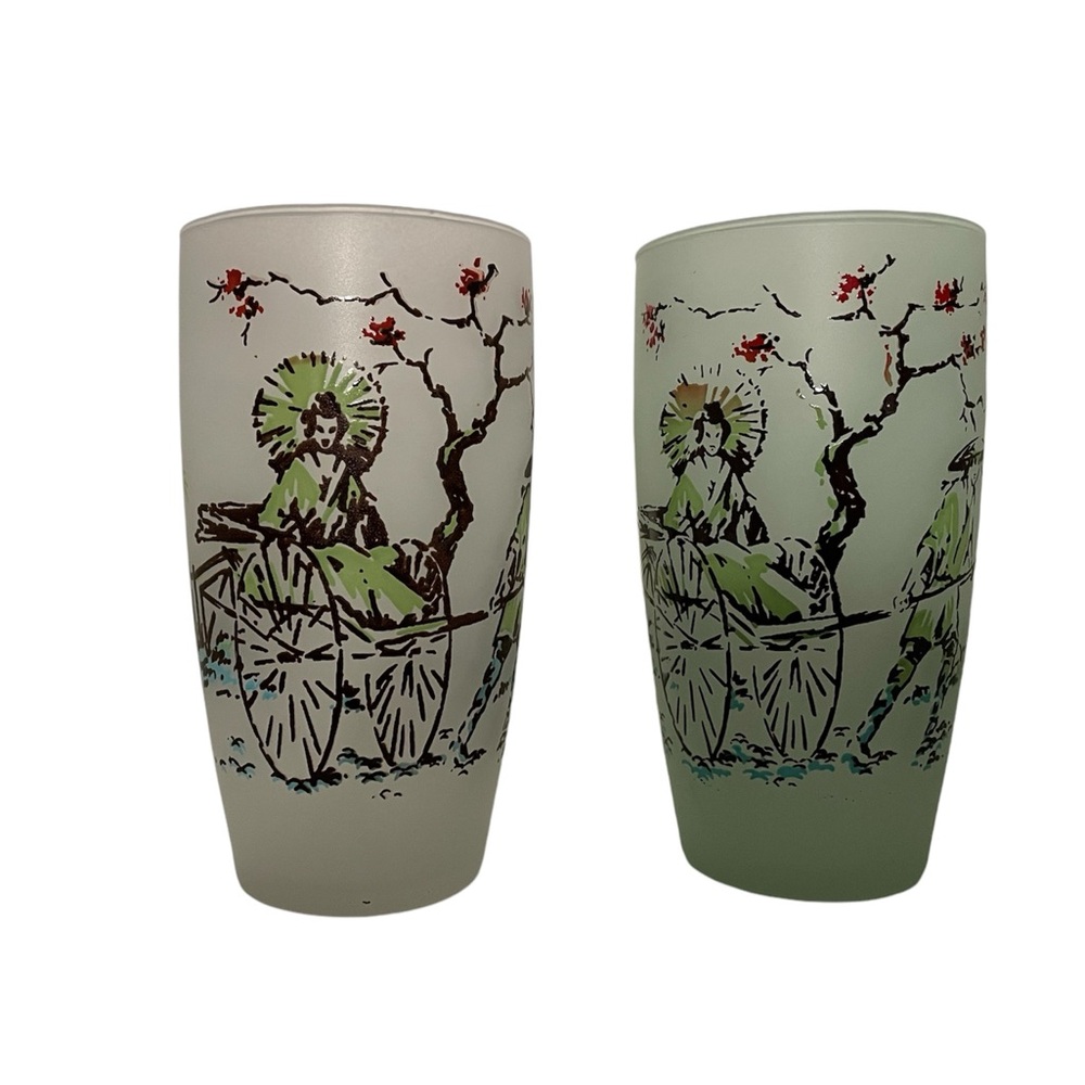Vintage Mid Century Modern Frosted White and Green Oriental Style Set of 2